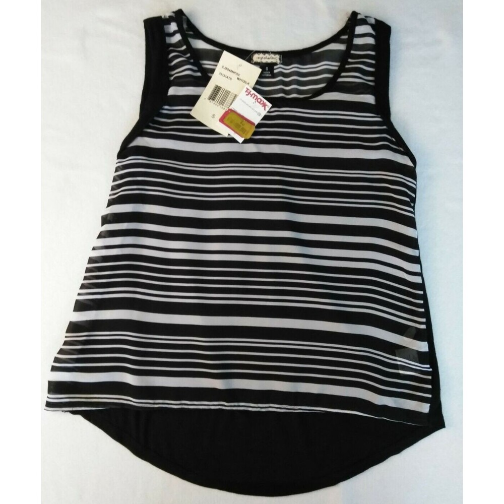 Eyeshadow Womens Sheer Sleeveless Tank Black White Striped Front Sheer NWT